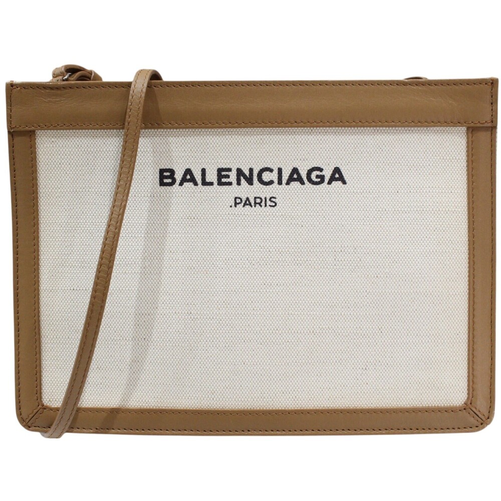 Balenciaga Blue Bag Canvas Navy card Pochette Leather Beige the Tan Shoulder - Picture 2 of 7